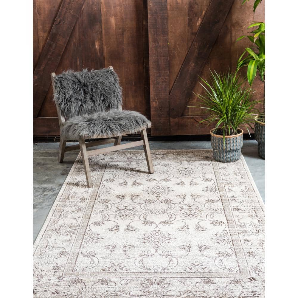 Ivory and Brown Floral Easy-Care Synthetic Area Rug, 6' x 9'
