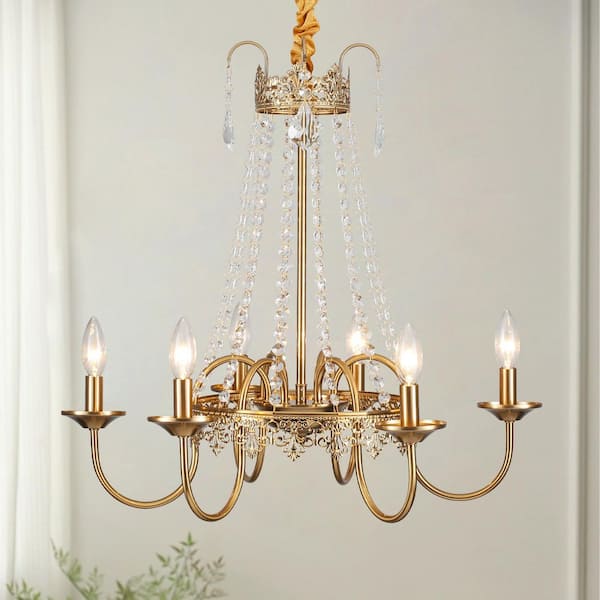 ADSENSTY 24.41 in. 6-Light Gold Crystal Candle Chandelier French Country Ornate Pendant Light, No Bulbs Included