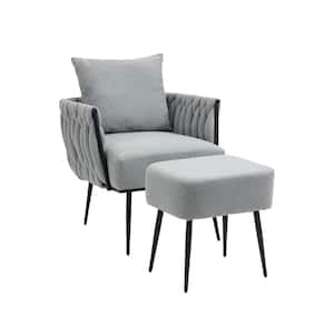 Modern Light Gray Linen Accent Chair with Ottoman with Metal Frame