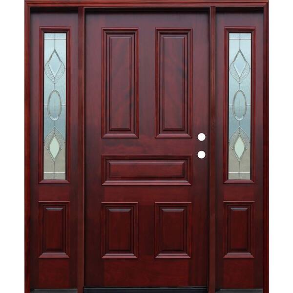 Pacific Entries 66in.x80in. Strathmore Traditional 5-Panel Stained Mahogany Wood Prehung Front Door w/6in. Wall Series & 12in. Sidelites
