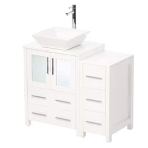 Torino 36 in. Vanity in White with Glass Stone Vanity Top in White with White Basin with Mirror and 1 Side Cabinet
