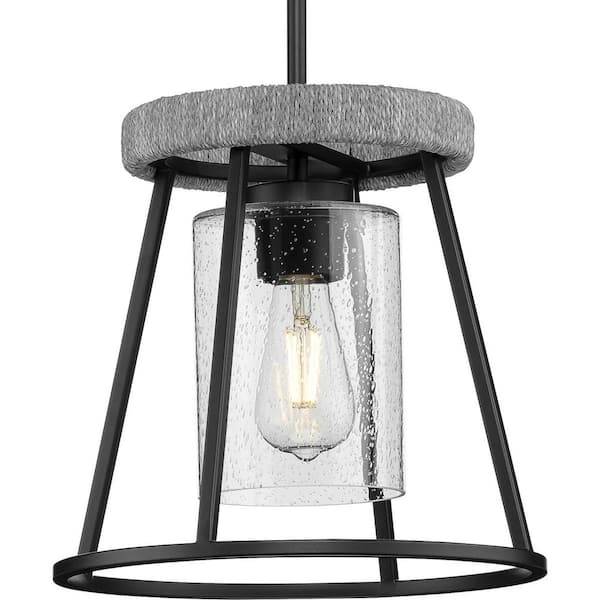 Progress Lighting Laramie Collection 60-Watt 1-Light Matte Black Lantern Rustic Modern Clear Seeded Glass Pendant Light