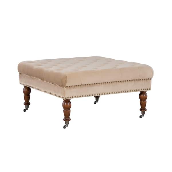 Linon Home Decor Isabelle Tan Velvet 34.5" Square Tufted Ottoman with Turned Walnut Finished Legs