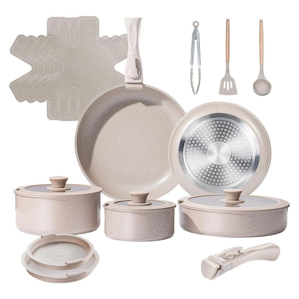 3.4 qt. Ceramic Nonstick 19-Piece Stock Pot Cookware Set in Mocca Taupe Color Induction Safe
