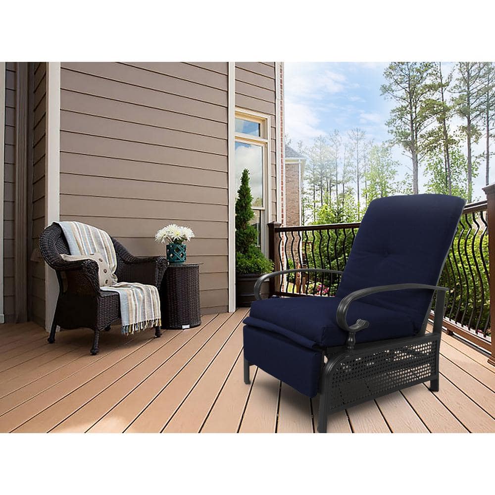 Navy Blue Cushioned Steel Outdoor Reclining Lounge Chair