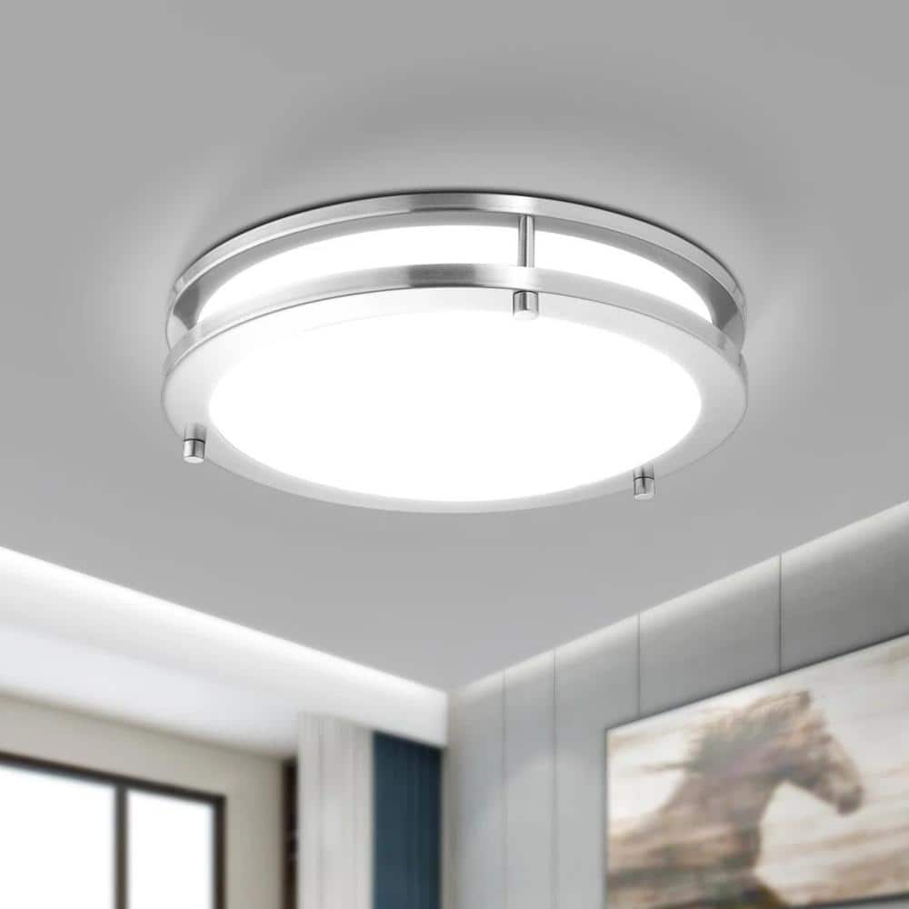 Dual Ring 11 3/4 in. 20-Watt Brushed Nickel Modern Dimmable Integrated LED Flush Mount with White Acrylic Shade price history on PriceWatchPro