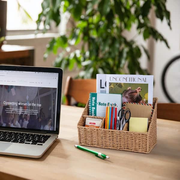 Rattan Series 5-Shelf Wicker Boho Tabletop Multi Compartment Organizer Basket Mail Holder Countertop Magazine Storage