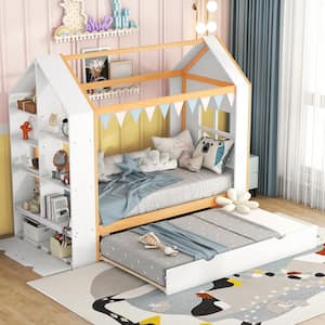 White Wood Frame Twin Size House Platform Bed with Twin Size Trundle, Storage Shelves and 1-Big Drawer