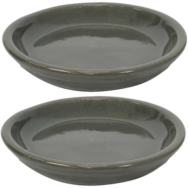 Sunnydaze 9.75 in. Gray Ceramic Planter Saucer (Set of 2)