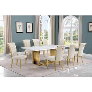 Lisa 9-Piece Rectangle White Marble Top Gold Stainless Steel Dining Set With 8-Cream Velvet Gold Iron Leg Chairs