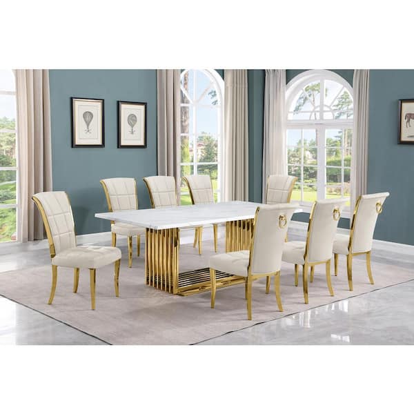Best Quality Furniture Lisa 9-Piece Rectangle White Marble Top Gold Stainless Steel Dining Set With 8-Cream Velvet Gold Iron Leg Chairs