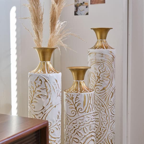 White Metal Cylinder Decorative Vases, Gorgeous Home Large Glazed Vases (Set of 3) 32in./28.54in./32.48in.