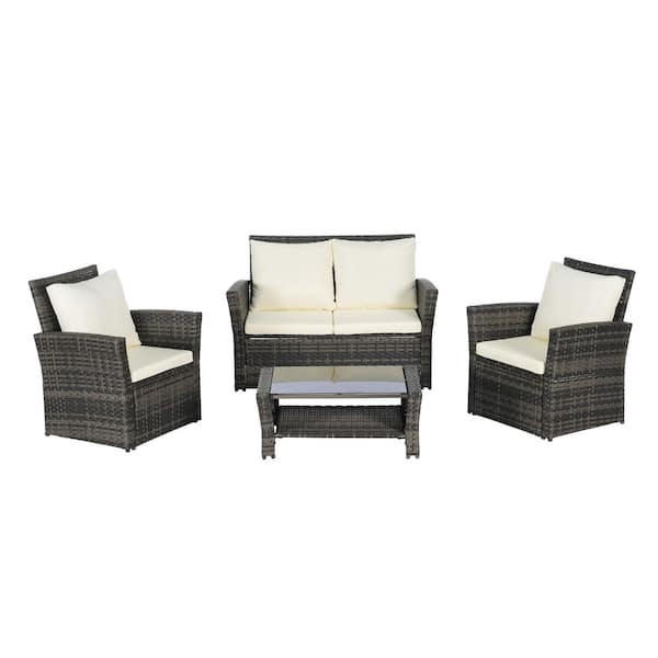 4-Pieces Rattan Metal Outdoor Conversation Set with Beige Cushions and Tempered Glass Coffee Table