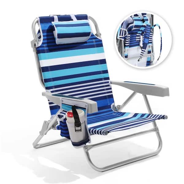 Striped Blue Aluminum Folding Adjustable Headrest Low Beach Chair(1-Pack)