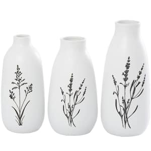 White Ceramic Decorative Vase with Black Lavender Prints (Set of 3)