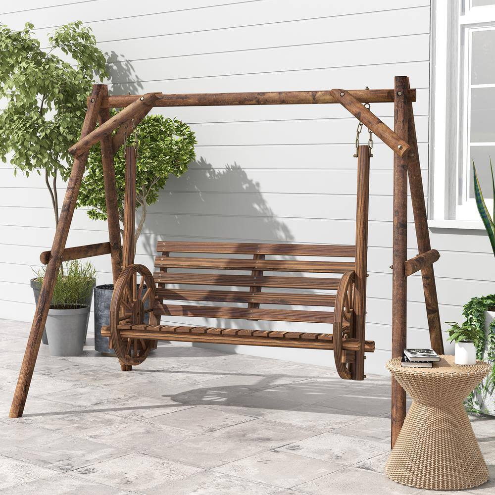 Rustic Carbonized Fir Wood 2-Person Porch Swing with Wagon Wheel Armrests