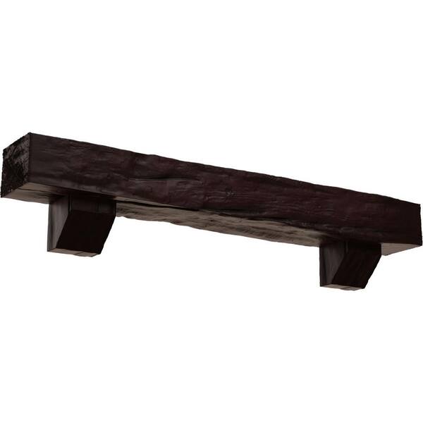 Ekena Millwork 4 in. x 8 in. x 3 ft. Riverwood Faux Wood Beam Fireplace Mantel Kit, Ashford Corbels in Premium Cherry
