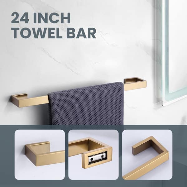 4-Piece Bath Hardware Set with Towel Bar Toilet Paper Holder Hand Towel Holder and Robe Hook in Brushed Gold