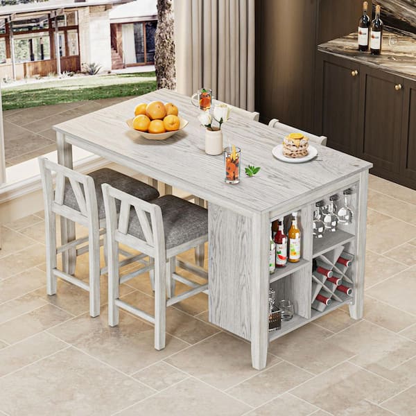 5-Piece Wood Top Dining Table Set with Wine Rack, Glass Holder and 4 Upholstered Bar Stools Gray Kitchen Table Set