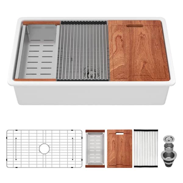 33 in. x 19 in. Undermount Single Bowl Ceramic White Workstation Kitchen Sink with Bottom Grids