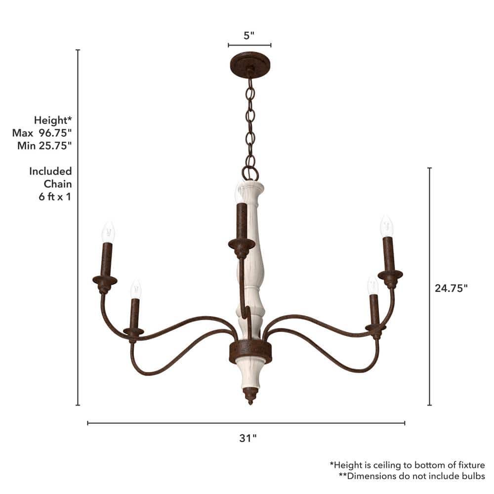 Distressed White Metal 6-Light Candle Chandelier