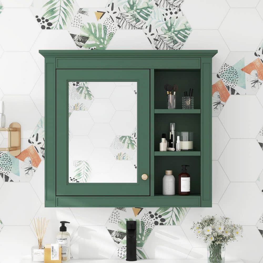29.92 in. W x 28 in. H Rectangular Medicine Cabinet with Mirror in Green price history on PriceWatchPro