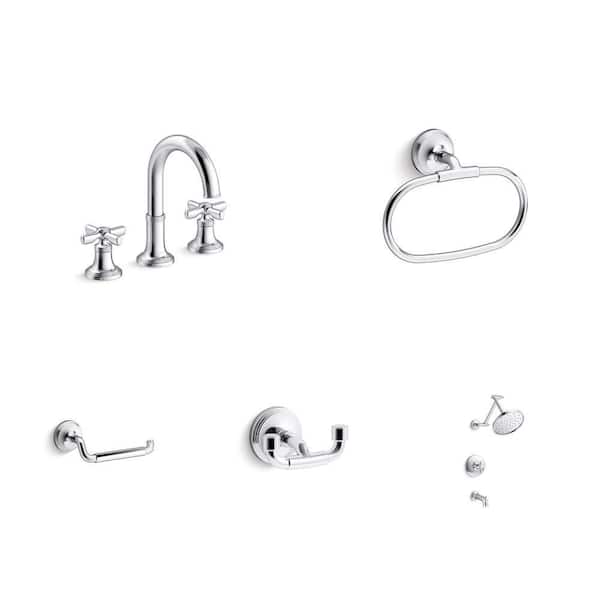 Paces Chrome Bathroom Set: 8 in. Widespread Faucet, Towel Ring, Toilet Paper Holder, Robe Hook and Shower Faucet