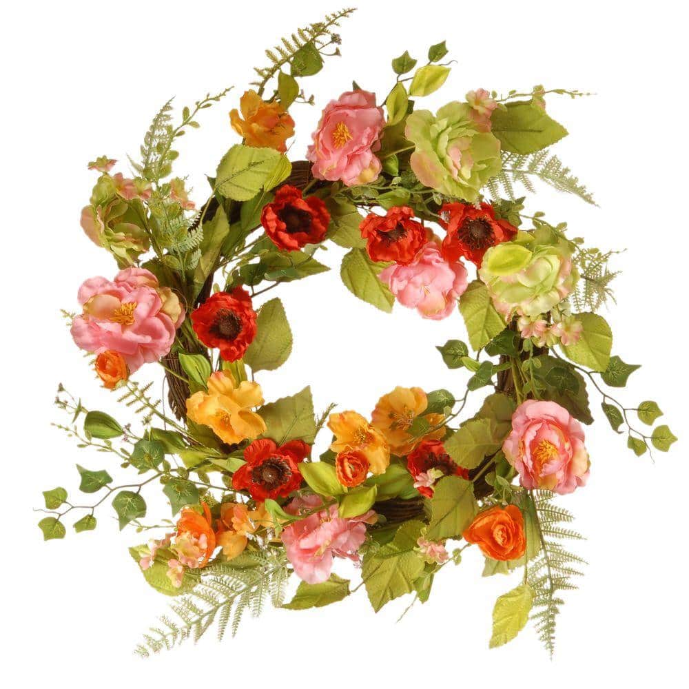 Decorative Natural Looking Artificial Summer Wall 24" Mixed Peony Wreath Plants 