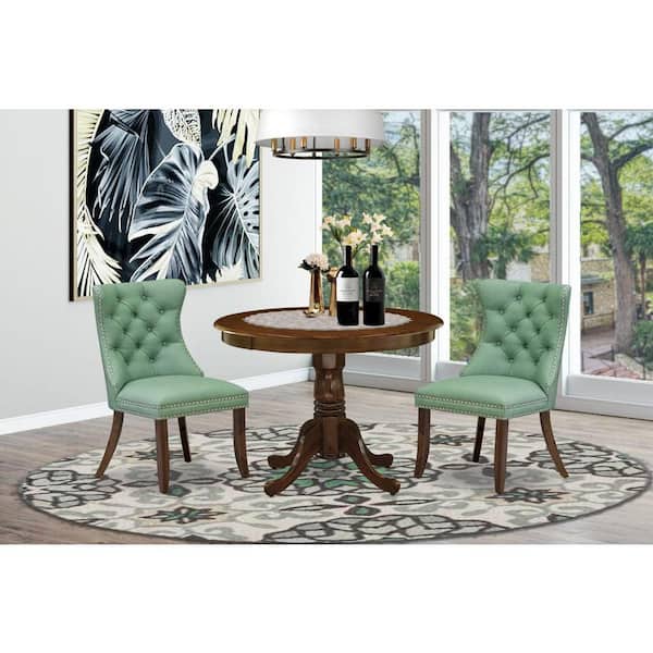 East West Furniture 3-Piece Antique Walnut Finish Solid Wood Top - Round Upholstered Dining Room Set - Seats-4