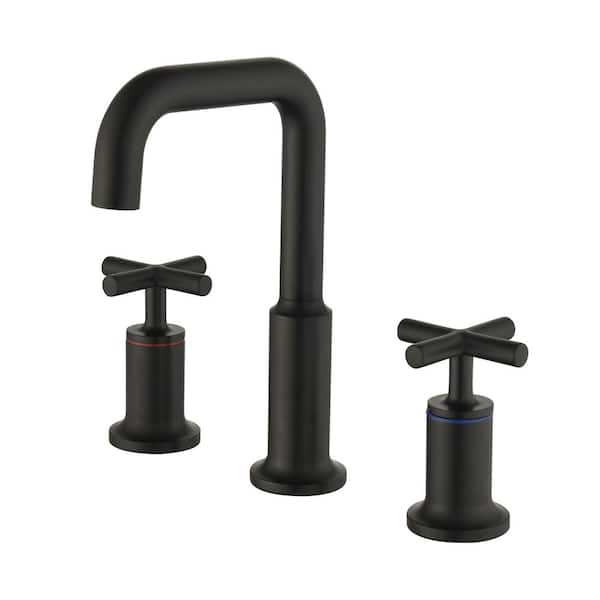 Dimakai Brass 8 in. Widespread Double Handle Bathroom Faucet with Water Supply Hoses and Quick Connected Hose in Matte Black
