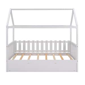 White Twin Size Wood House Bed with Trundle, Twin Kids Canopy Bed Daybed with Roof and Fence-Shaped Guardrail
