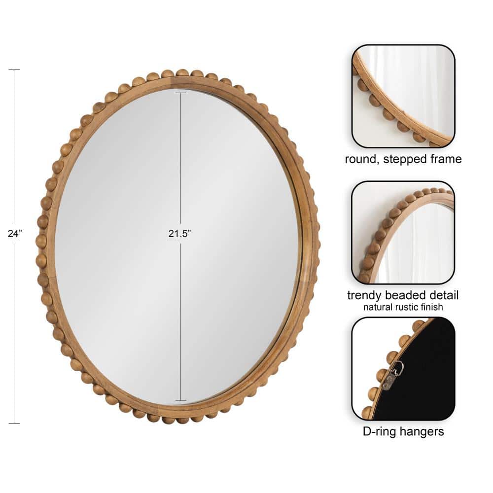 Rustic Brown Beaded Round Wood Wall Mirror, 24 Inch