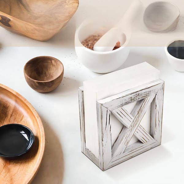 5.5 in. Handmade Rustic Farmhouse White Wooden Napkin Holder for Kitchen Dining Countertop