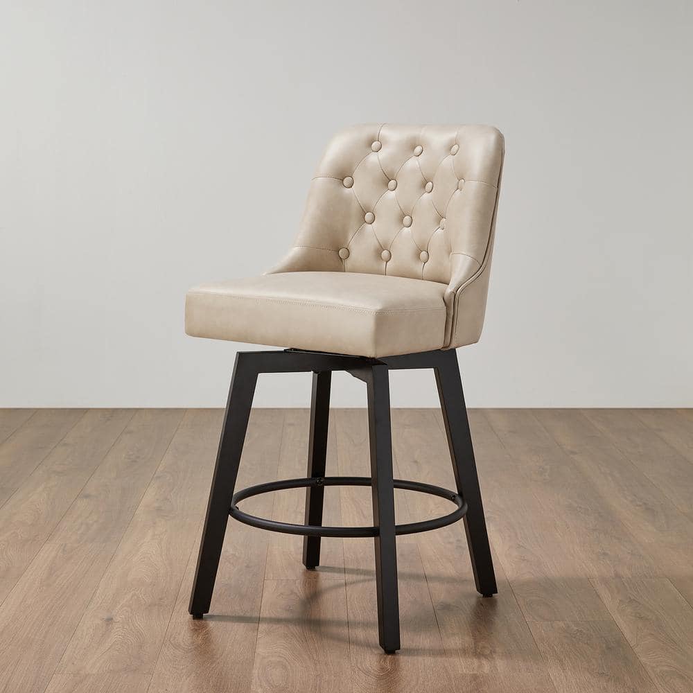 Beige Faux Leather Swivel Counter Height Barstools with Black Wood Legs, Set of 2