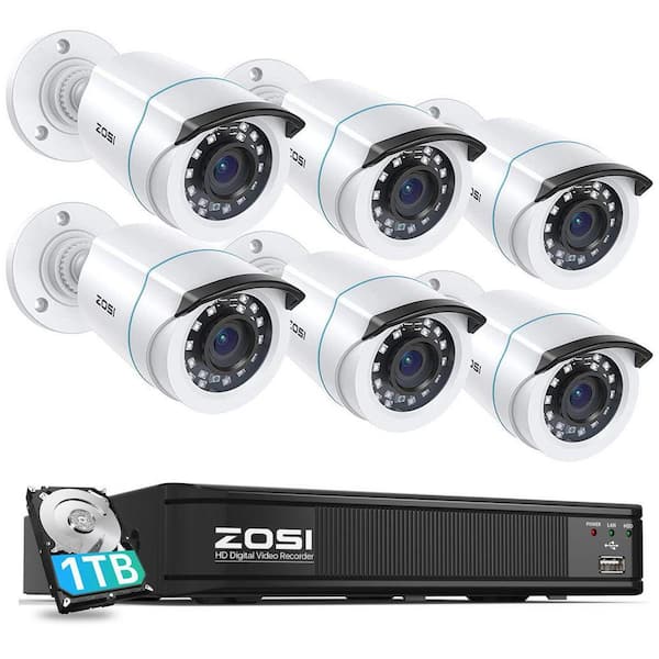 8-Channel 2MP DVR 1TB HDD Security Camera System with 6 Wired 1080P Bullet Cameras, White