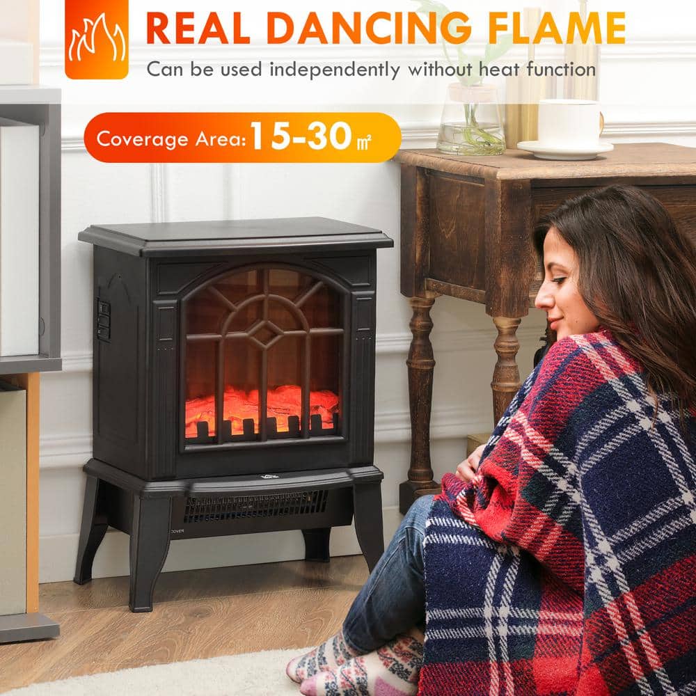 18" Black Electric Freestanding Fireplace Heater with Realistic Flame