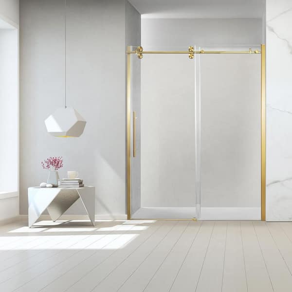 ROSWELL Massa 60 in. W x 76 in. H Sliding Frameless Shower Door/Enclosure in Brushed Gold with Clear Tempered Glass