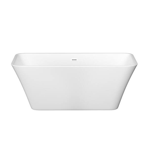VANITYFUS 59 in. Acrylic Freestanding Flatbottom Double Ended Rectangular Soaking Bathtub in Glossy White with Brass Drain