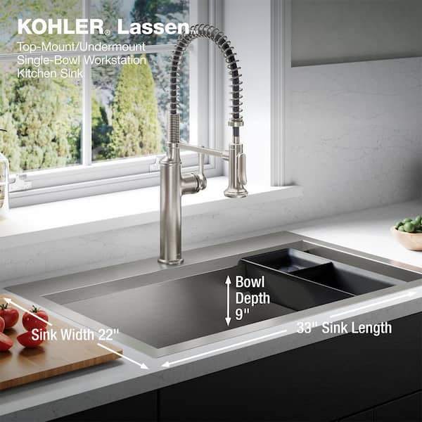 KOHLER Lassen 33 in. Drop-in/Undermount Single Bowl Stainless Steel Kitchen Sink Workstation with Faucet and Accessories