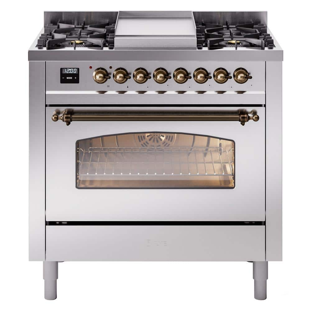 Nostalgie II 36 in. 6 Burner+Griddle Freestanding Dual Fuel Liquid Propane Range in Stainless Steel with Bronze Trim -  ILVE, UP36FNMPSSBLP