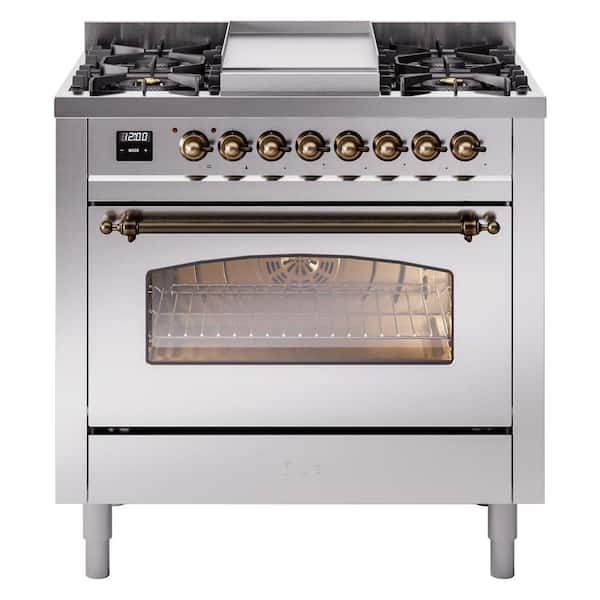 Nostalgie II 36 in. 6 Burner+Griddle Freestanding Dual Fuel Liquid Propane Range in Stainless Steel with Bronze Trim