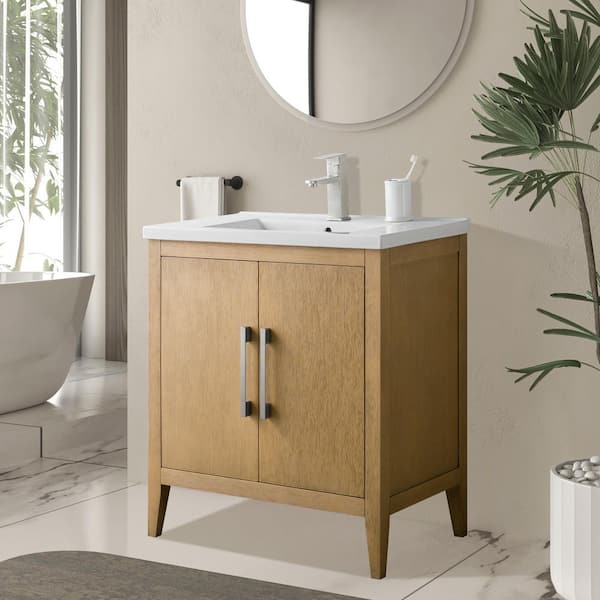 30 in. W x 18.5 in D x 34 in. H Single Sink Bathroom Vanity Cabinet in Natural Oak with Ceramic Top