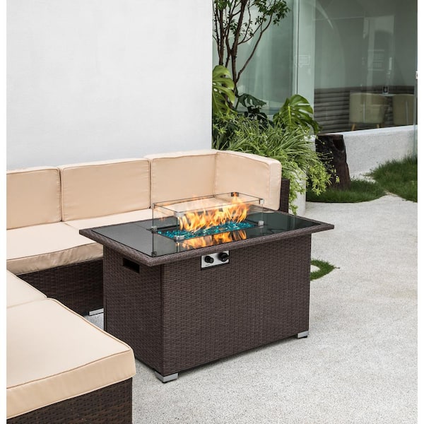 Kadehome 44 In Outdoor Wicker Surface, Table Top Propane Fire Pit With Glass