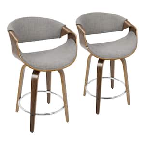 Curvini 34.5 in. Light Grey Fabric & Walnut Wood Low Back Counter Height Bar Stool with Round Chrome Footrest (Set of 2)
