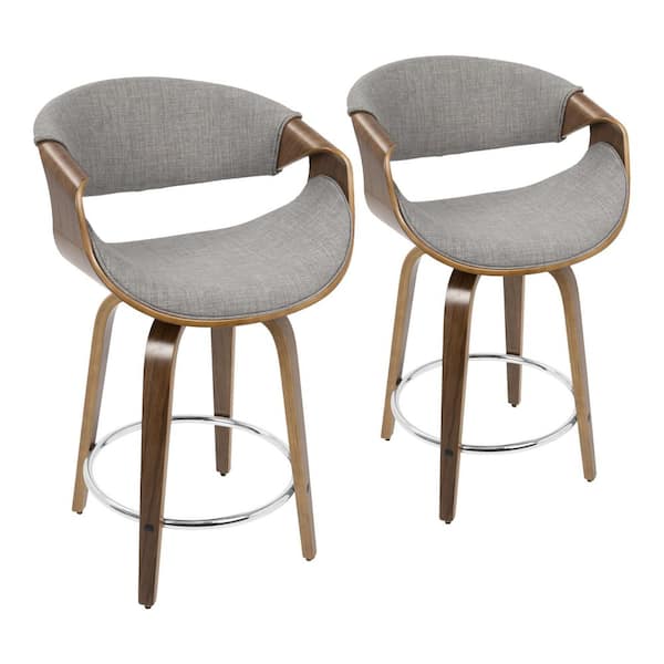 Lumisource Curvini 34.5 in. Light Grey Fabric & Walnut Wood Low Back Counter Height Bar Stool with Round Chrome Footrest (Set of 2)
