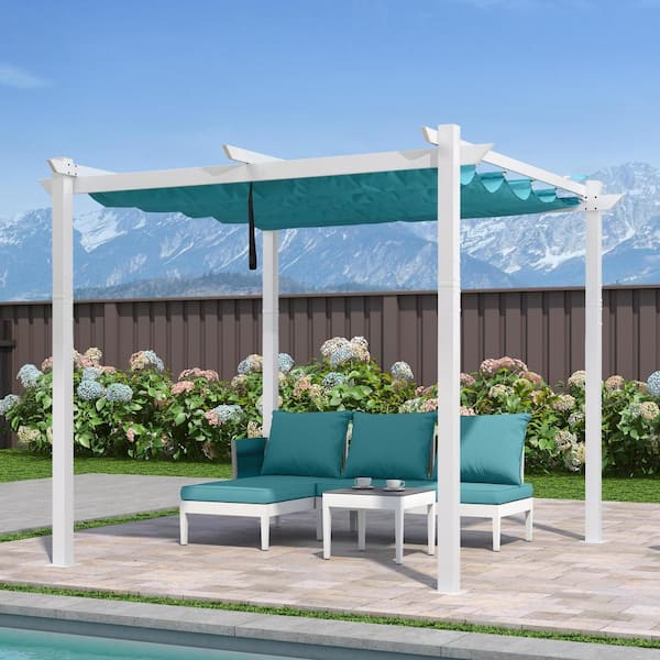 10 ft. x 10 ft. White Aluminum Frame Patio Pergola Gazebo with Blue Retractable Sunshade Canopy and Extra Top Roof