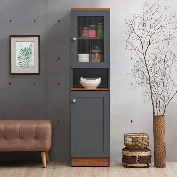 Hodedah 63 Tall Slim Open Shelf Plus Top and Bottom Enclosed Storage Kitchen Pantry - Chocolate-Grey