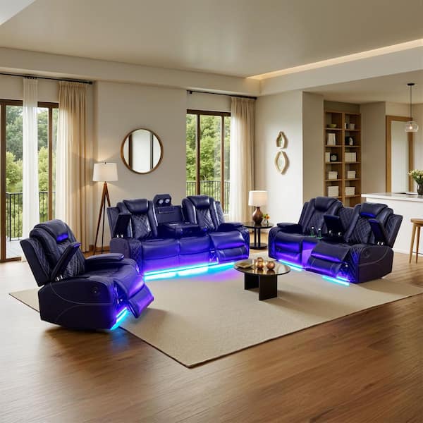 84 in. Pillow Top Arm 3-Piece Leather Rectangle Power Reclining Sofa Set in Black, Modern Design with Cup Holders, USB