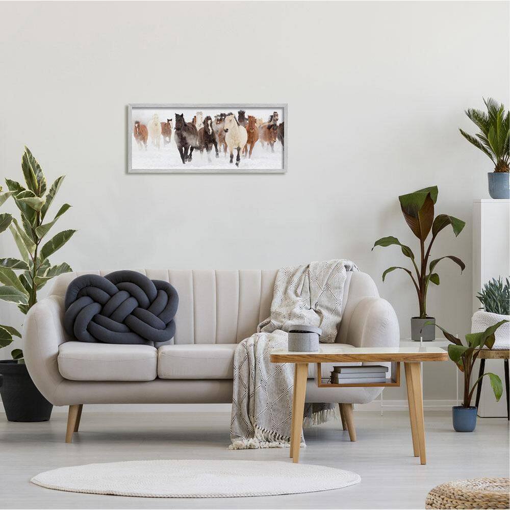 Wild Horses Running in Snow Gray Framed Print, 30 x 13