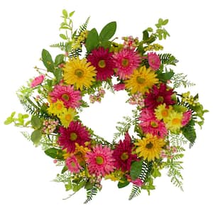 23 in. Artificial Chrysanthemum and Daisy Floral Spring Multi-Colored Wreath